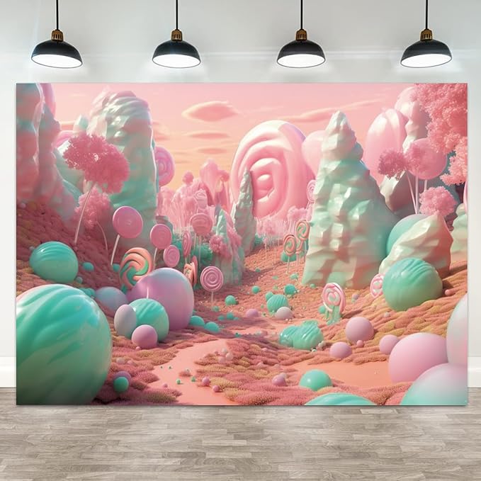 10x7ft Candyland Backdrop Pink and Teal Lollipop Photography Background Fairytale Kingdom Candy Sweet Girl Princess Birthday Banner Decorations Newborn Baby Shower Portrait Photo Booth Prop
