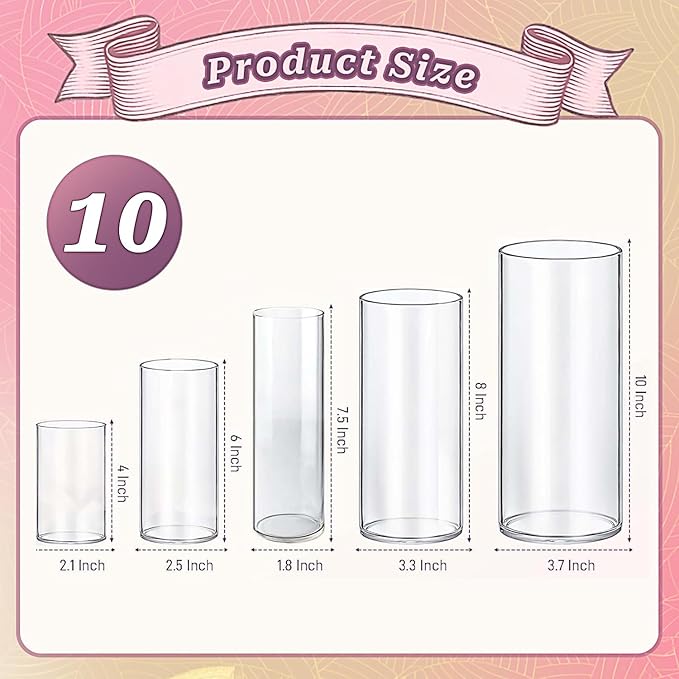 Cylinder Glass Bud Vases Set of 10 Clear Flower Vase for Centerpieces Shelf, Modern Small Vases for Living Room Bedroom Office Home, Decor for Wedding House Warming Party