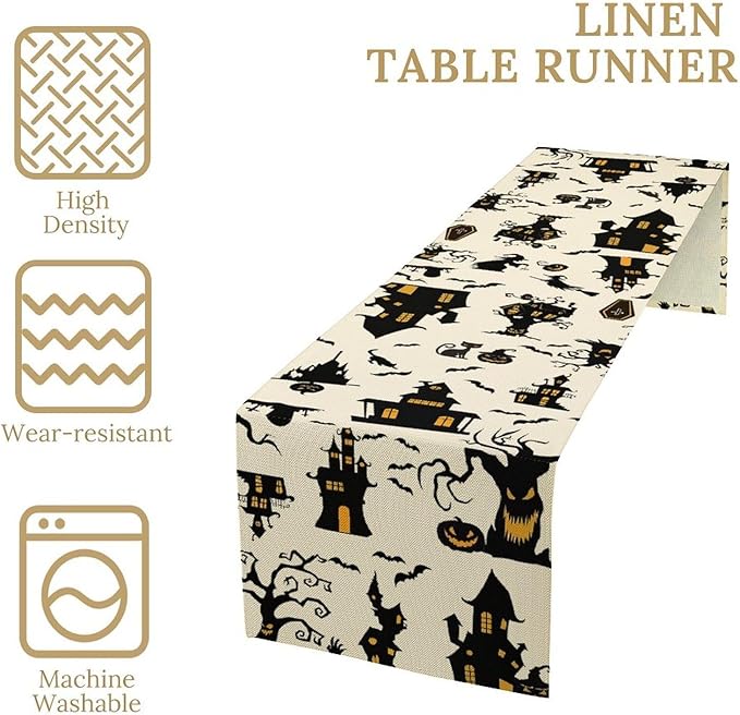 Halloween Table Runner, Retro Gothic Spoonky House Day of Death Mysterious Halloween Coffee Table Center Decor for Home Kitchen Dining Patio Holiday Party Table Decorations 13x72 inches