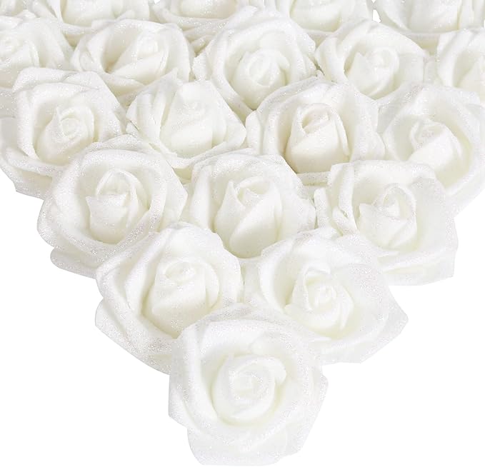 IPOPU Artificial Roses,25pcs White Glitter Roses Glitter Flowers Foam Roses with Stems for DIY Wedding Bridal Bouquet Home Party Decoration(White)