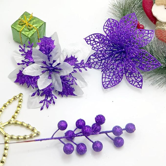 24Pcs Christmas Poinsettia Artificial Flowers and Glitter Berries Kit, 2 Styles Total 16Pcs Christmas Tree Flowers Ornaments, 8Pcs Christmas Tree Picks for Wedding Holiday Decorations, Purple