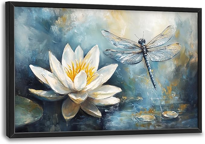 Extra Large Lotus Dragonfly Framed Wall Art for Living Room,Abstract Blue Lotus Flower Lake Pictures Wall Decor,Nature Canvas Print Painting Modern Artwork Bedroom Office Bathroom 36L x 24W