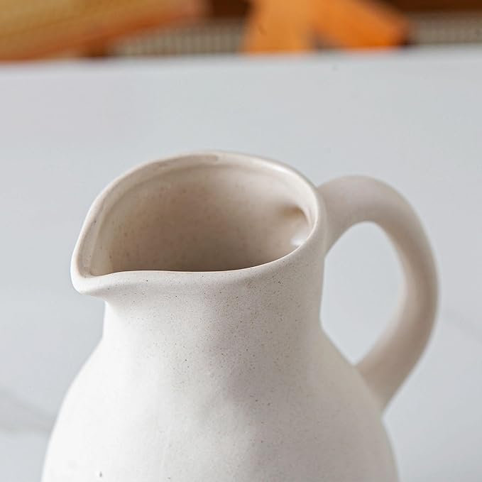 Off White Ceramic Vase with Handle, Pitcher Vases for Modern Farmhouse Home Decor, Small Pottery Flower Jug for Living Room Bedroom Kitchen Office Shelf Decor Centerpiece Table Decoration