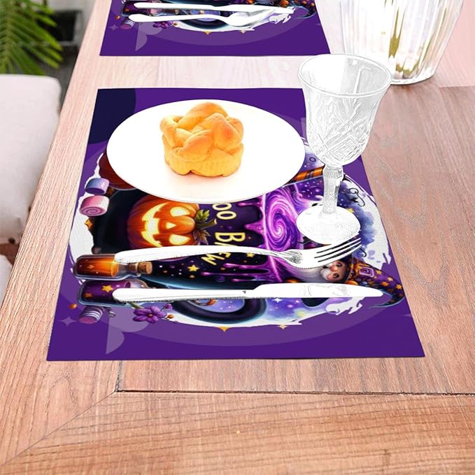 PVC Placemats Set of 6 Wipeable Table Mats Washable Heat Resistant Non Slip Vinyl Dining Table Mat for Kitchen Indoor Outdoor Patio Farmhouse Place Mats Purple Halloween Magic Cauldron Decorative