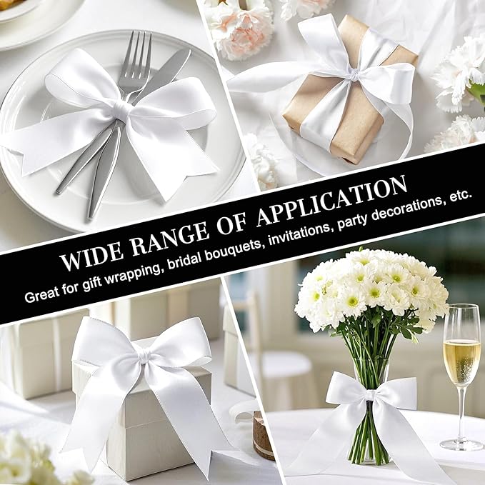 1-1/2 Inches 100 Yards White Satin Ribbon, Solid Fabric Ribbon Roll for Flower Bouquets, Gift Wrapping, Wedding, Handmade Crafts