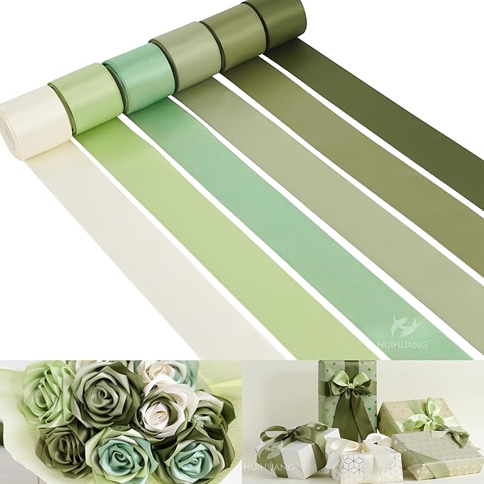 HUIHUANG Green Satin Ribbon 1-1/2 inch Ivory/Sage Green/Dusty Sage/Moss Green Double Face Satin Ribbons for Flower Bouquet, Gift Wrapping, Bows, Crafts, Eternal Rose- Total 30 Yards