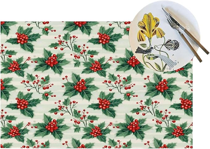 PVC Placemats Set of 4 Wipeable Table Mats Washable Heat Resistant Non Slip Vinyl Dining Table Mat for Kitchen Indoor Outdoor Patio Farmhouse Place Mats Christmas Red Berry Decorative