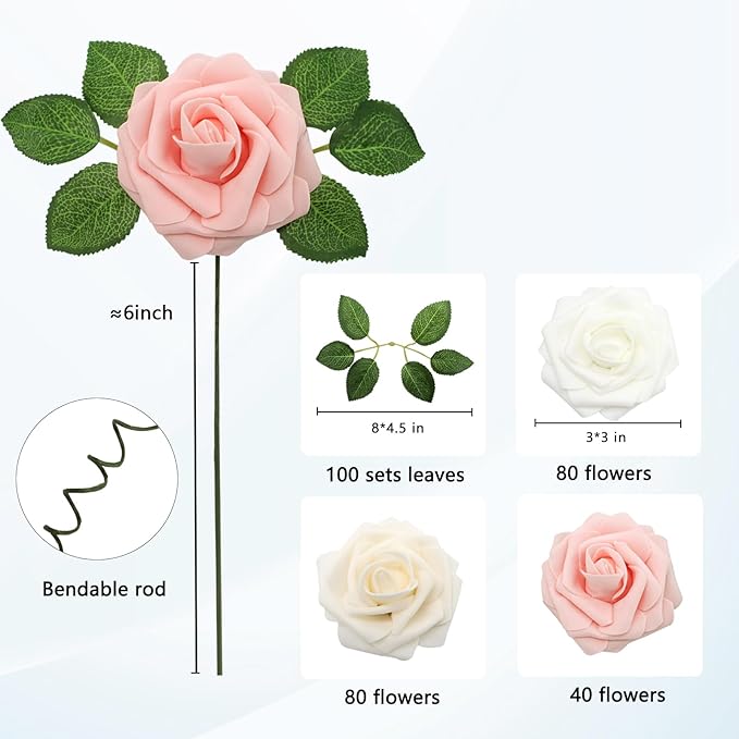 Artificial Flowers Realistic Roses, Real Looking Fake Roses with Stem for DIY Wedding Bouquets Centerpieces Bridal Shower Party Home Romantic Decorations (White/Cream/Light Pink, Regular 3" - 200pcs)