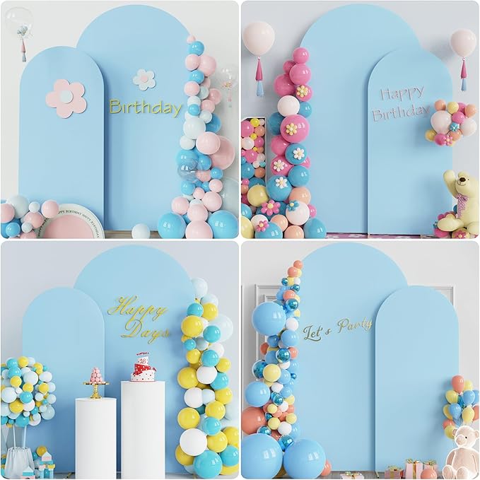 Putros Metal Arch Stand with Cover Set of 2 Dusty Blue Spandex Fitted Wedding Arch Cover and Round Top Chiara Backdrop Stand for Birthday Party Baby Shower Decoration 7.2FT, 6FT