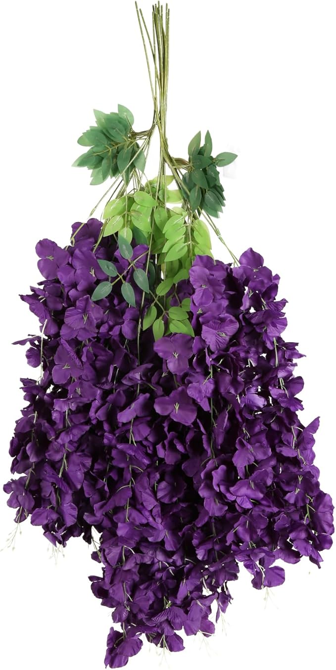 3.6ft 12PCS Artificial Wisteria Hanging Flowers Faux Wisteria Flower Vines Garland Silk Flowers Garland Fake Hanging Flowers String for Wedding, Garden, Wall Decoration (Dark Purple)