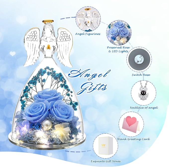 Christmas Preserved Angel Gifts for Women Birthday Preserved Rose Forever Flower in Glass Angel Figurines Fresh Flowers for Delivery Prime for Mom Real Roses for Grandma Sister Wife Her from Daughter