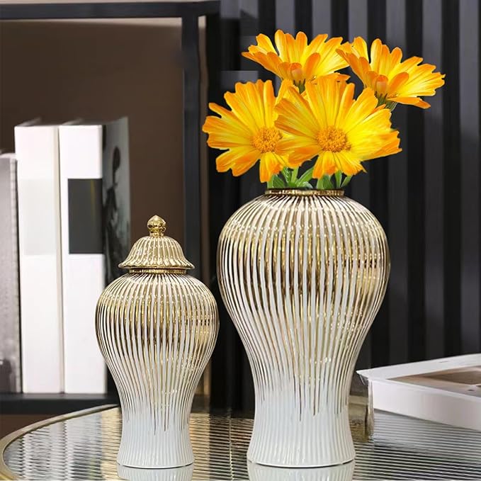 Ginger Jar, White Gold Ceramic Vase Large Handmade Porcelain Vases with Lid, White Gold Decorative Flower Vase for Home, Living Room, Weddings, Centerpieces (B-Large)