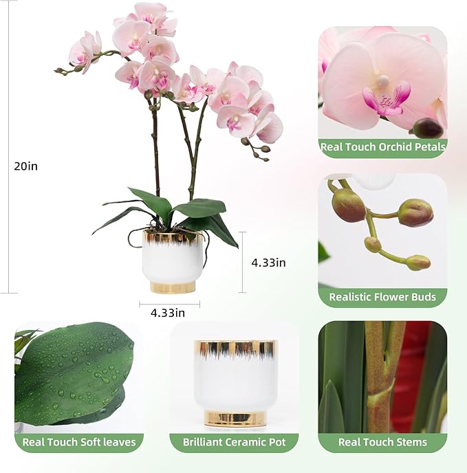 CXGS Orchids Artificial Flowers Real Touch Fake Flowers in Ceramic Pot 20" Pink Faux Orchid Plant Lifelike Silk Phalaenopsis for Centerpiece Hotel Home Indoor Decor