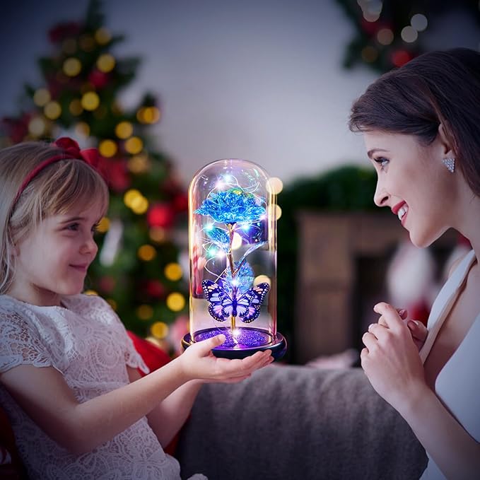 Pusuny Christmas Rose Gifts for Women Galaxy Glass Rose Forever Eternal Crystal Flower Birthday Gift Light Up Roses in Glass Dome with Butterfly Xmas Gifts for Women Mom Grandma Wife Her Sister Blue
