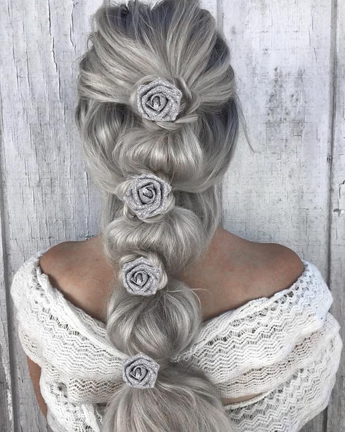 IPOPU Silver Roses,25PCS Glitter Roses Bouquet Fake Flowers with Crystal for Cake Wedding Bouquet Home Party Decoration(Silver)