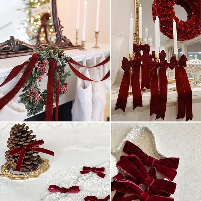 Burgundy Velvet Ribbon 3/8 Inches x 10 Yards for Gift Wrapping, Crafts, Christmas Tree, Wreath, Bow Making - Vintage Fabric Wine Red on The Spool for DIY