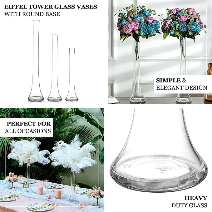 Efavormart 6 Pack Clear Heavy Duty Eiffel Tower Glass Vases with Round Base, Tall Skinny Flower Bud Vase Centerpieces - 16"