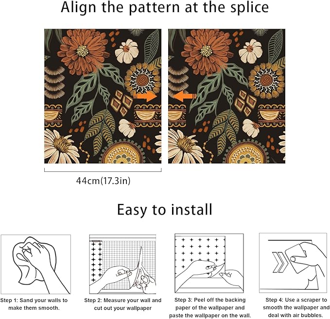 JiffDiff Boho Wallpaper Peel and Stick 17.3" x 400" Vintage Sun Floral Retro Removable Contact Paper Dark Botanical Flowers Bathroom Bedroom Renter Friendly Wall Mural