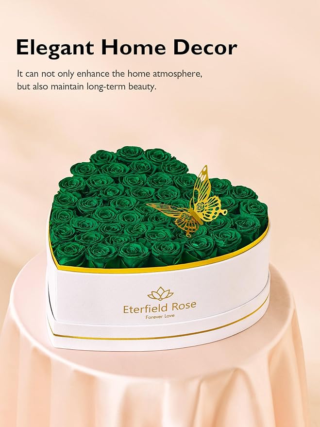 Eterfield 47 Forever Flowers in Heart Shape Box, Preserved Roses That Last a Year Preserved Flowers Birthday Gifts for Her Mom Women Wife Anniversary Valentines Day Mothers Day Christmas, Green
