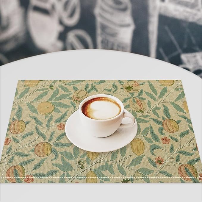 Vintage Floral Placemats Set of 6, William Morris Retro Fruit Boho Botanical Plant Place Mats, Heat Resistant Non Slip Cotton Linen Dining Table Mats for Home Kitchen Party 18x12 Inch