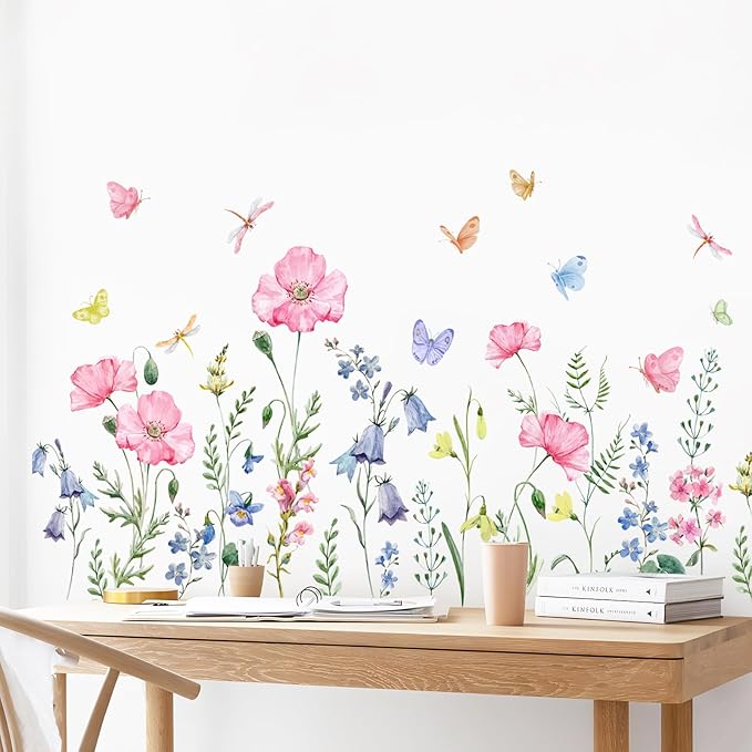 Supzone Watercolor Wildflower Wall Decals Colorful Garden Flower Grass Butterflies Wall Stickers for Girls Bedroom Living Room Home Office Wall Decor