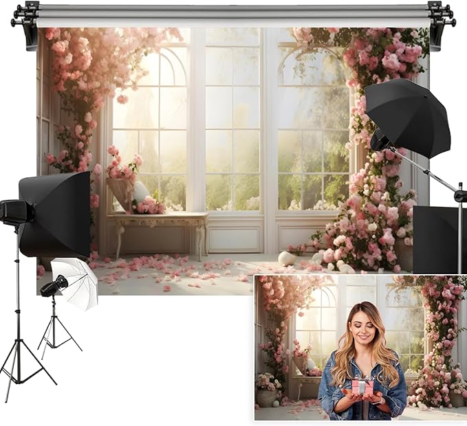 12x6ft Bridal Floral Backdrop for Wedding Pink Rose Window Scenery Green Leaves Elegant Photography Background for Valentine's Day Bridal Shower Birthday Spring Party Women Girls Portraits