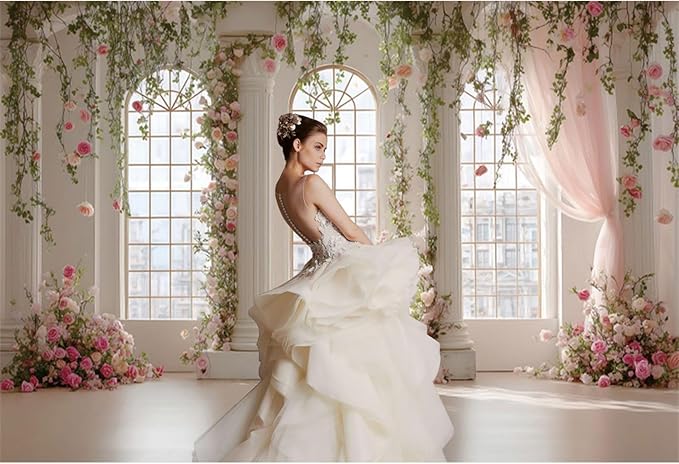 Baocicco Pink Palace Backdrops 9x6ft White and Pink Windowsills Botanical Background Princess Birthday Party Banner Supplies Wedding Ceremony Anniversary Engagement Banner Photo Booth Studio Prop