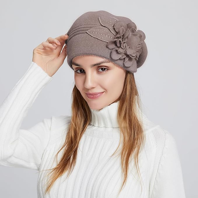Flower Women Beret, Double Layer Thickened Winter Knitted Beanie Beret Hat, Stylish French Dress Beret Hats for Women