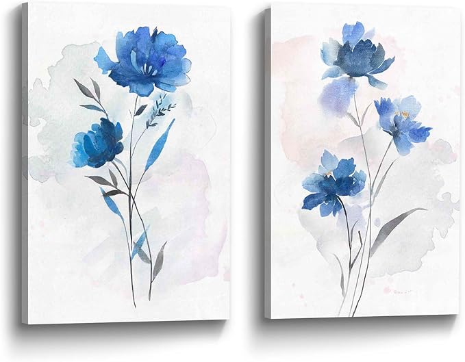 Flower Canvas Abstract Wall Art: 2 Pieces Navy Blue Floral Prints Artwork Vintage Wildflower Bouquet Botanical Picture Painting for Bedroom Living Room Bathroom Home Office