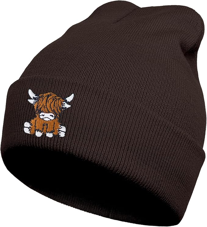 Scottish Highland Cow Beanie Hat, Cute Funny Cow Embroidery Winter Knit Skull Cap for Adult Men Women