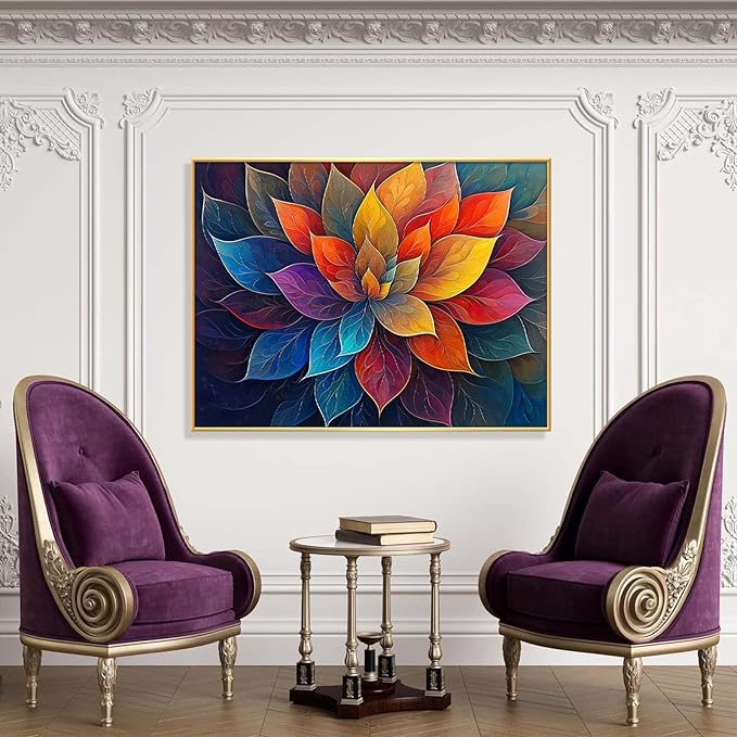 Colorful Flower Canvas Wall Art, Abstract Floral Canvas Prints, Lotus Blossom Pictures Wall Decor, Zen Painting, Yoga Studio Wall Decor (Black Framed, 39"Wx29"H/100x75cm)