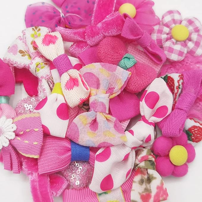 Chenkou Craft Mix Bulk Hot-Pink Random 20pcs Fabric Ribbon Flowers Bows Craft Wedding Ornament Appliques (Hot-Pink)