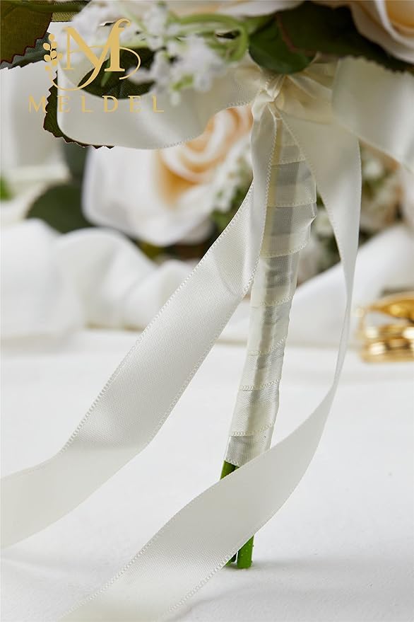 Meldel 2 x Artificial Silk Rose Bridesmaid Bouquets, 6.5'' Wide x 9.5'' Tall, Rustic Wedding Decor, Milk White, Set of 1, Ready to Use