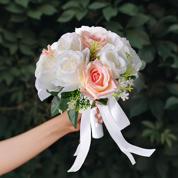 Wedding Bouquets for Bride - Realistic Silk Flowers Artificial Roses, 8 Inch Bridesmaid Bouquet for Ceremony, Church, Anniversary, and Home Decoration (White & Blush Champagne)