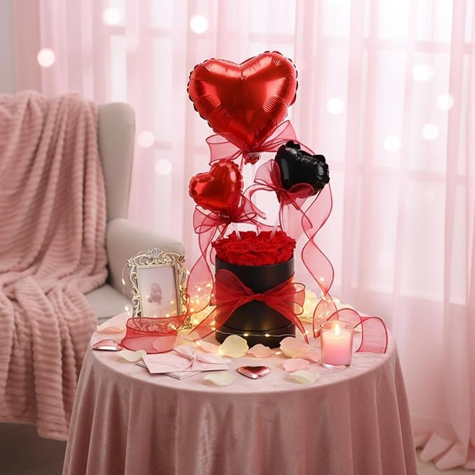 Red Preserved Roses in Box 7 Preserved Forever Flower in a Round Box Last 1-3 Years with Heart Balloon Christmas Surprise Gift for Women Loved One Mom Valentines Anniversaries Need Assembly