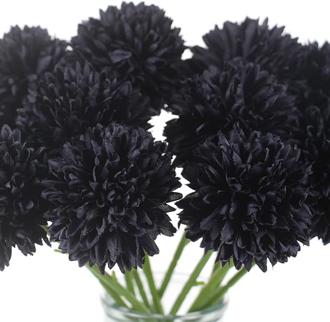 Tinsow 12 Pcs Faux Ball Chrysanthemum Bouquet Black Flowers for Home Halloween Party Fall Harvest Festival Decoration (Black, 12)