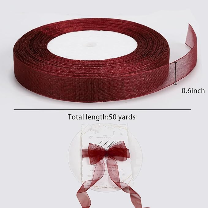 Cftone 4 Yards Pearl Edge Flower Wrapping Mesh Paper with 3/5 inch Organza Ribbon 50 Yard Gift Wrap Ribbon, Bouquet Transparent Mesh Wrapping Paper for Mother's Day Valentine's Day Wedding Graduation Birthday Gift (Red with 50 Yard Wine Red Ribbon)