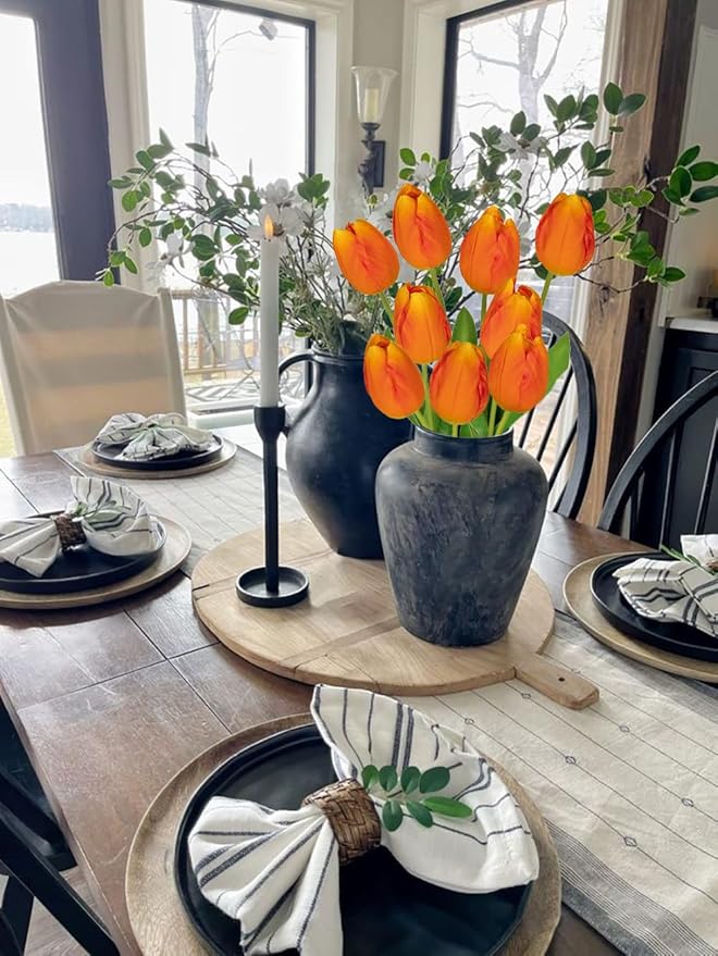 6PCS 23" Fake Tulip Flowers Artificial Orange Tulips Long Stem Faux Flower, Silk Flower Décor for Floral Arrangement Home Farmhouse Wedding Decoration