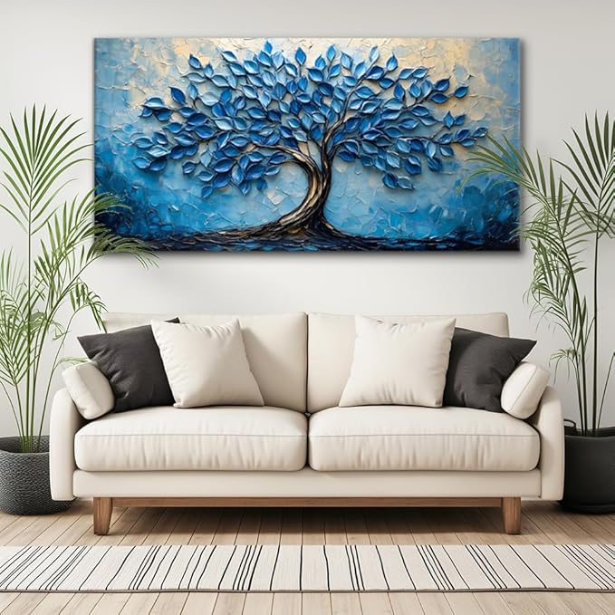 LAVIKARS Modern Tree of Life Wall Art for Living Room Office Navy Blue Abstract Oil Landscape Canvas Painting Prints Large Nature Artwork Home Kitchen Bedroom Decor (16x30 Inches)