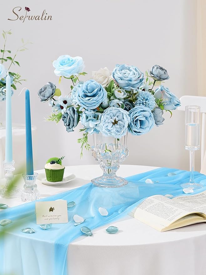 Serwalin Artificial Flowers,Blue Silk Fake Flowers Box for DIY Wedding Bridal Bouquet, Wedding Cake Flowers for Table Centerpieces Birthday Party Bridal Shower Home Decorations