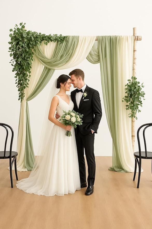 Ling's moment Wedding Arch Flowers with Sheer Drapes Kit - Artificial Green Floral Arrangements for Ceremony Backdrop, Spring Greenery Arbor Decor, 5-Piece Set (2 Flower Stems + 3 Hanging Drapes)