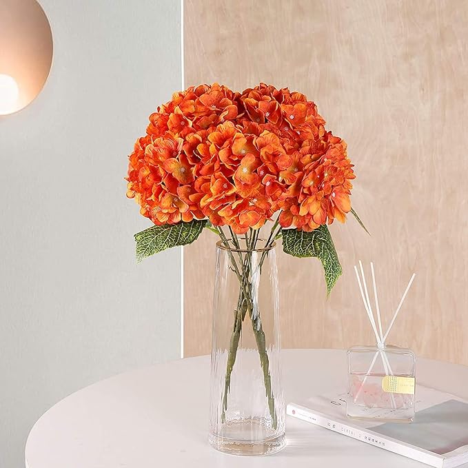 2Bouquets Artificial Fake Flowers Plants Silk Hydrangea Arrangements Wedding Bouquets Decorations Plastic Floral Home Kitchen Garden Party Festival Bar DIY (Orange,5 Flower Heads)