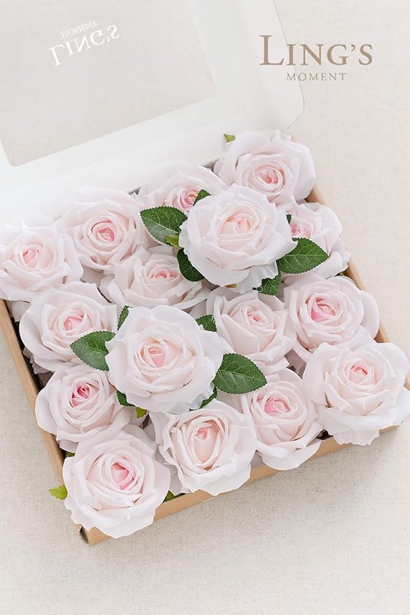 Ling's moment Artificial Flowers 16pcs Pale Pink Silk Roses with Stems, 3.5" Fake Shabby Blush Vendela Roses Bulk for DIY Wedding Bouquets Centerpieces Party Baby Shower Home Decoration