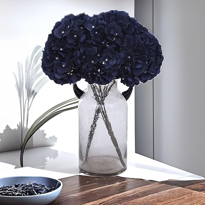 2Bouquets Artificial Fake Flowers Silk Hydrangea Arrangements Wedding Bouquets Decorations Plastic Floral Home Kitchen Garden Party Festival Bar DIY (Navy Blue)