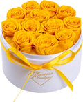 GLAMOUR BOUTIQUE Flower Forever Gift Box 12 Real Preserved Roses in Round Velvet White Box, Handmade, Rose Petals, Birthday, Marriage, Anniversary, Graduation - Yellow