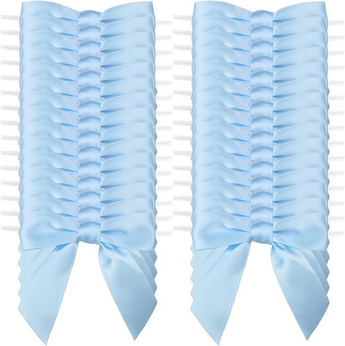 7Rainbows 30pcs Boutique 3.5" Light Blue Satin Ribbon Twist Tie Bows for Tying Up Packages Gift Wrapping