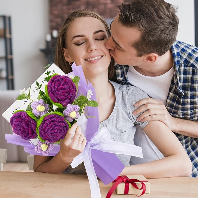 Handmade Rose Bouquet Crochet Flowers Bouquet Rose Knitted Flowers Present for Valentine's Day Wedding Graduation Anniversary Birthday(Medium-Dark Purple Rose)