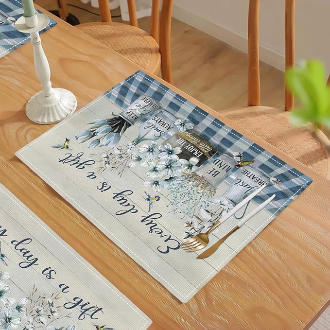 Farmhouse Spring Flower Placemats Set of 6 Every Day is A Gift Rustic Floral Double-Sided Table Mats for Dining Room Home Party Indoor 6 PCS 12x18 Inch