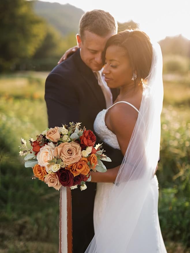 Rinlong 9" Wide Burnt Orange Wedding Bouquet for Bride Rustic Terracotta Artificial Flowers Bridal Bridesmaid Bouquet Prom