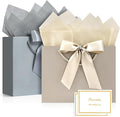 JMANNI Gift Bags, Medium Gift Bags for Presents with Bow Ribbon, Party Bags with Handles 4 Tissue Papers and 2 Cards for Weddings, Birthday, Party, Celebration, Christmas(Brown-Silver 2Pcs)
